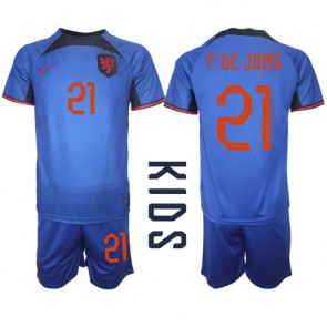 Holland Frenkie de Jong #21 Udebanesæt Børn VM 2022 Kort ærmer (+ korte bukser)